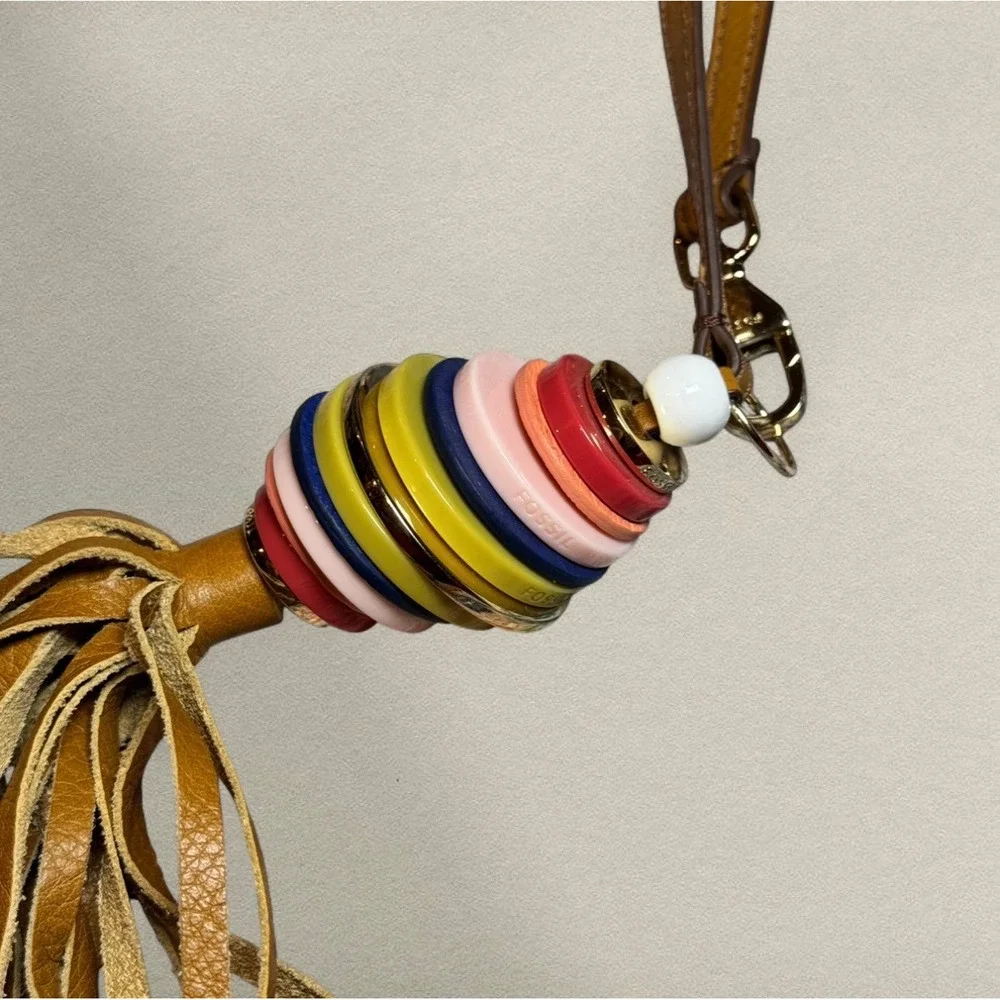 Fossil‎ Leather Tassel Bag Charm Multicolor Resin Ring Keychain Boho